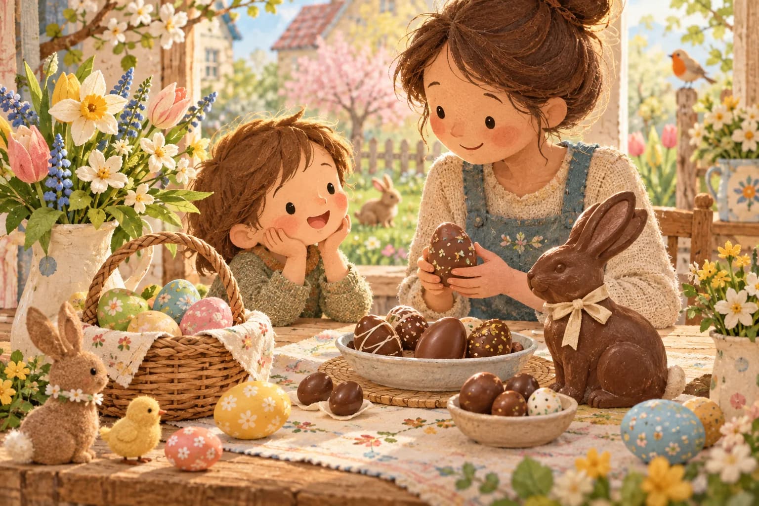 Enfant et parent découvrant des œufs décorés et des chocolats de Pâques au printemps