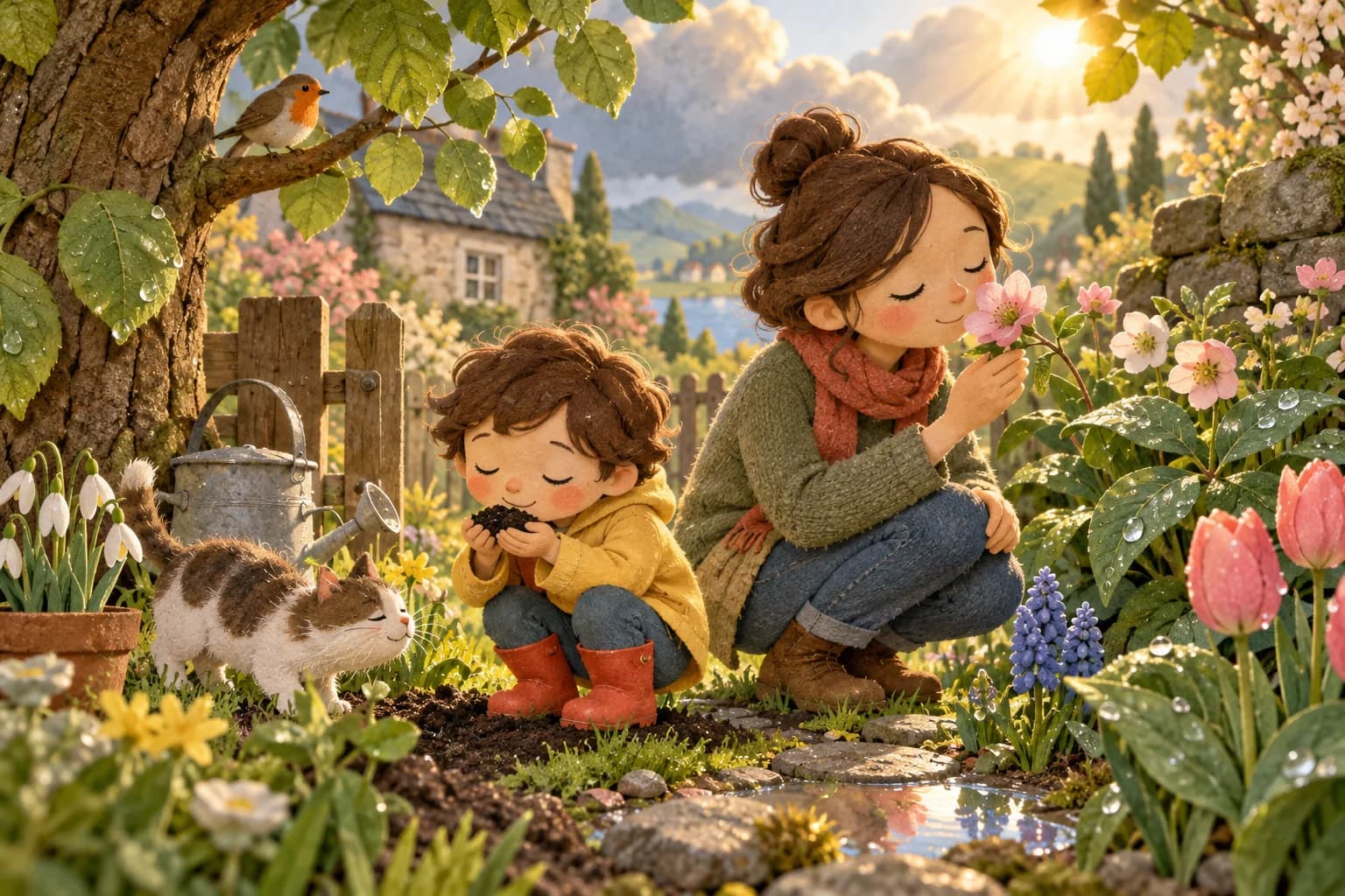 Un enfant et un parent découvrent les odeurs d’un jardin après la pluie