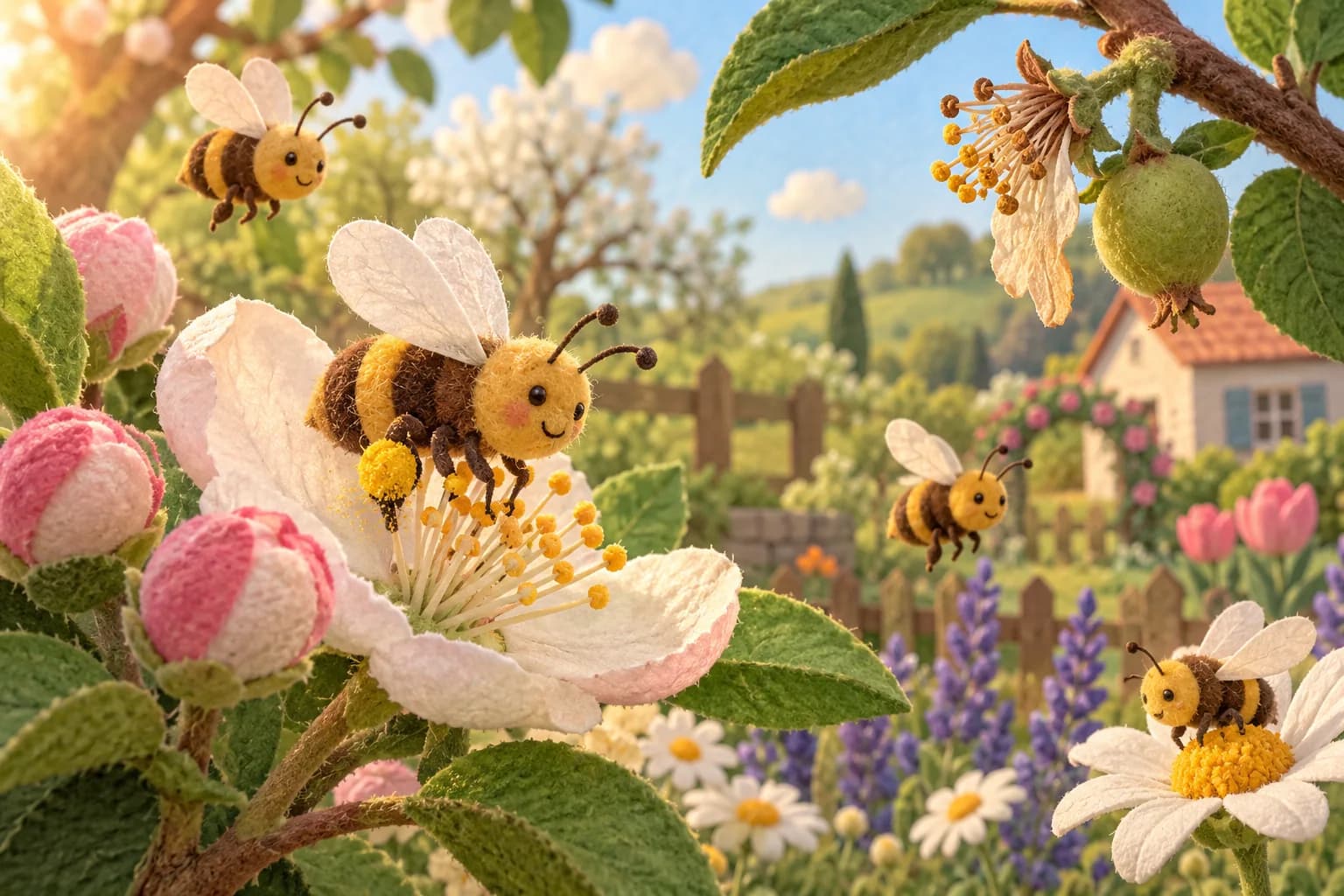 Des abeilles butinent des fleurs dans un jardin où commence à pousser un petit fruit