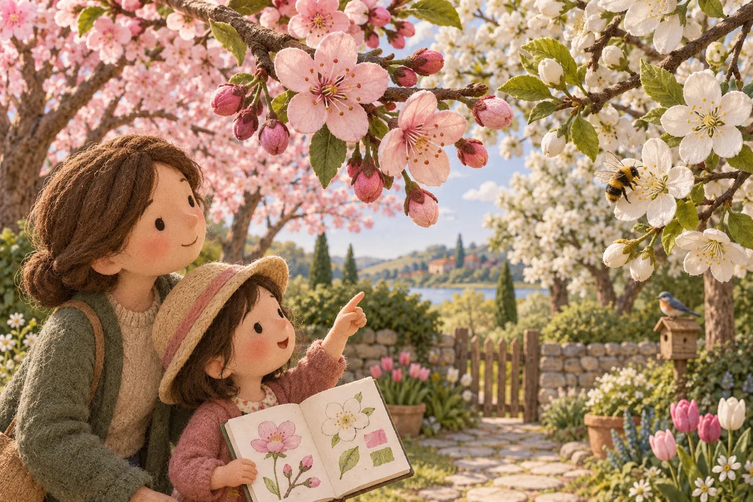 Un enfant et un parent observent des arbres aux fleurs roses et blanches, avec des boutons et des fleurs ouvertes au premier plan.