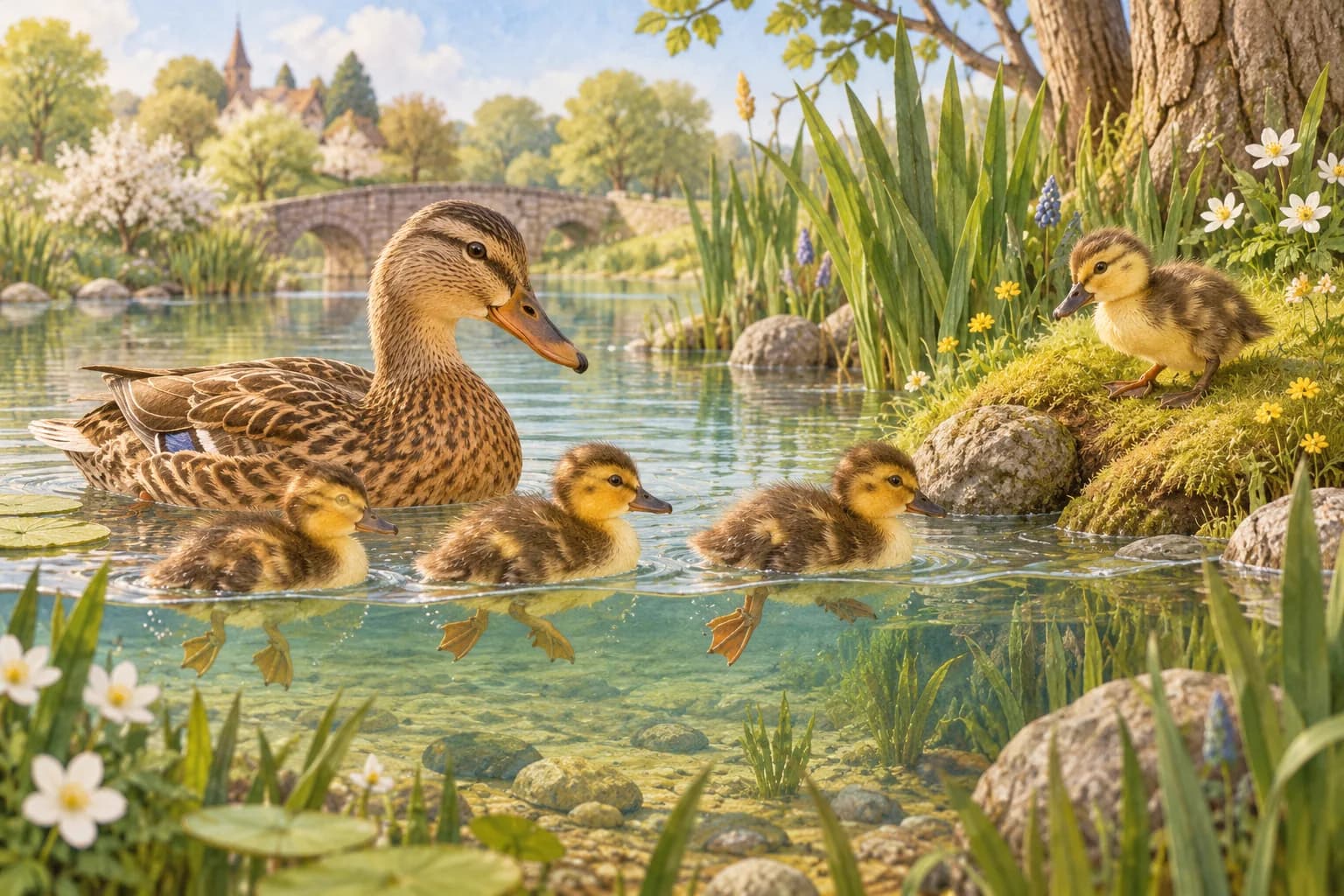 Une cane et ses canetons sur une mare printanière, avec leurs pattes palmées visibles sous l’eau.