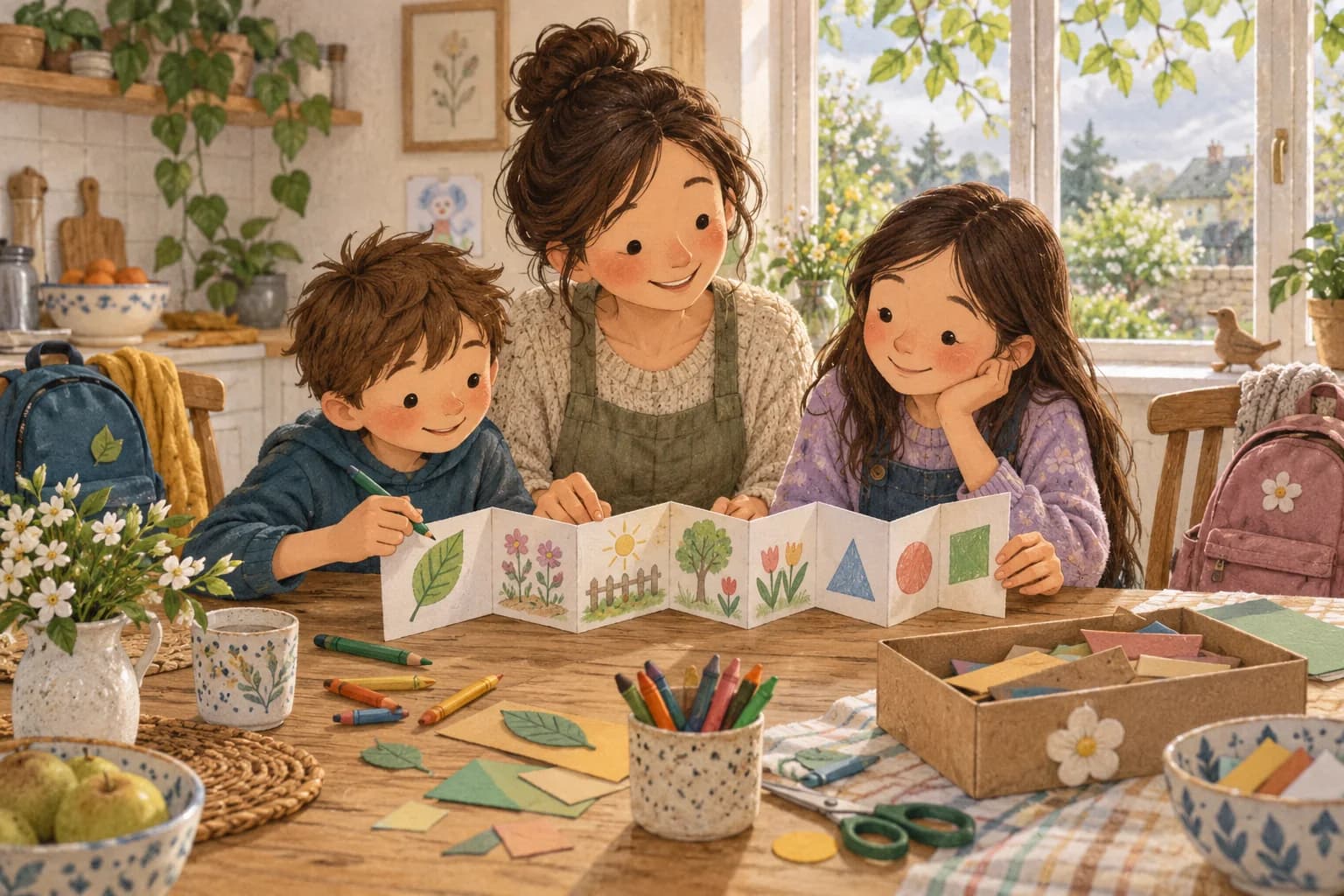 Un parent et deux enfants fabriquent un carnet en papier à la maison, près d’une fenêtre ouverte sur le printemps.