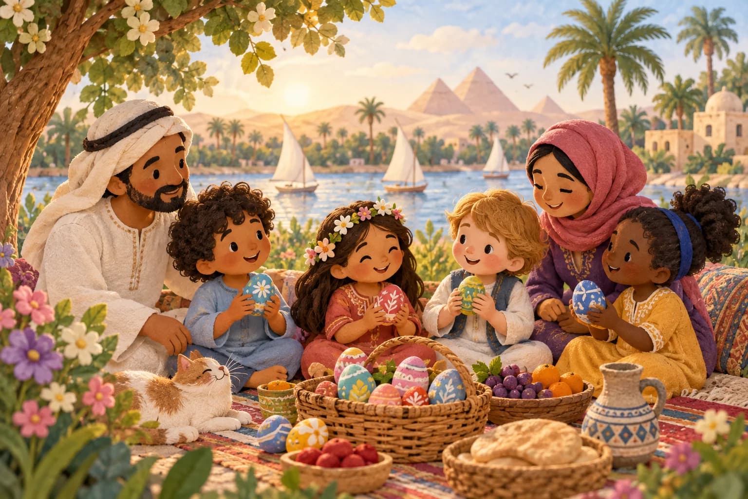 Famille réunie au printemps en Égypte autour d’un panier d’œufs décorés