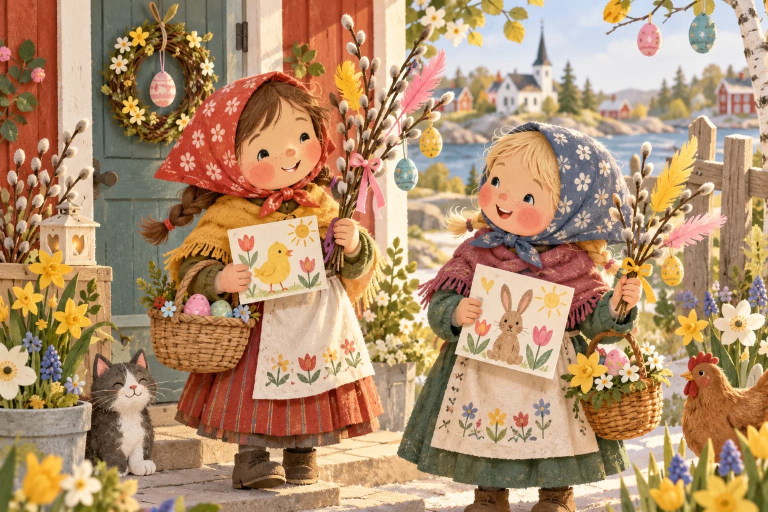 Deux enfants déguisés en gentilles sorcières de Pâques tiennent des dessins colorés au milieu des fleurs
