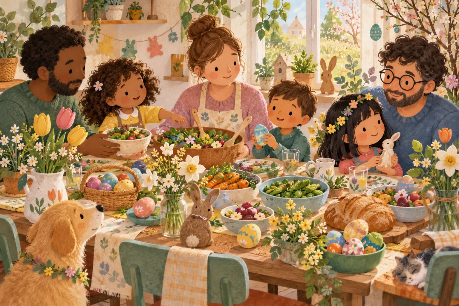 Famille réunie autour d’une table végétarienne décorée pour Pâques au printemps