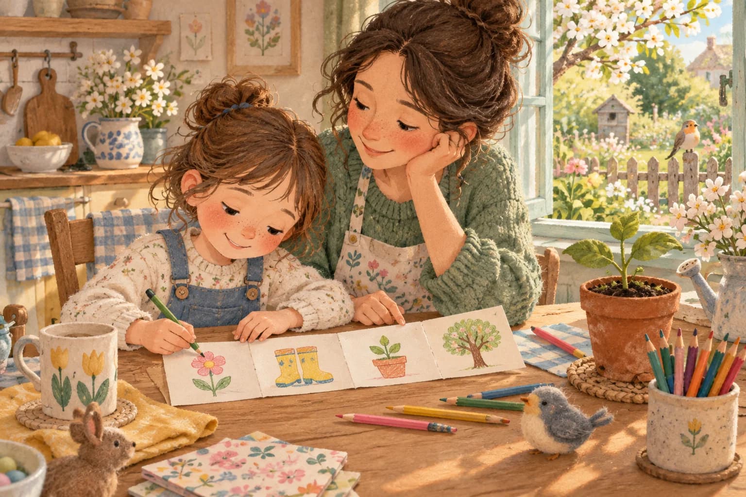 Un enfant et un parent dessinent leurs souvenirs de vacances sur une frise, près d’une fenêtre ouverte sur le printemps.