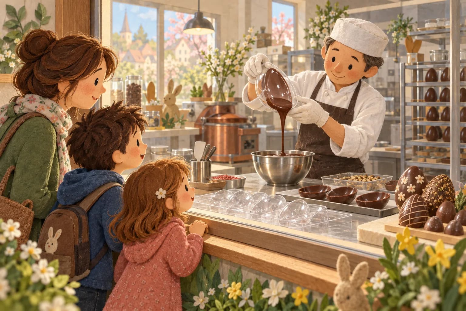 Deux enfants et un parent observent un chocolatier mouler des œufs de Pâques derrière une vitre.