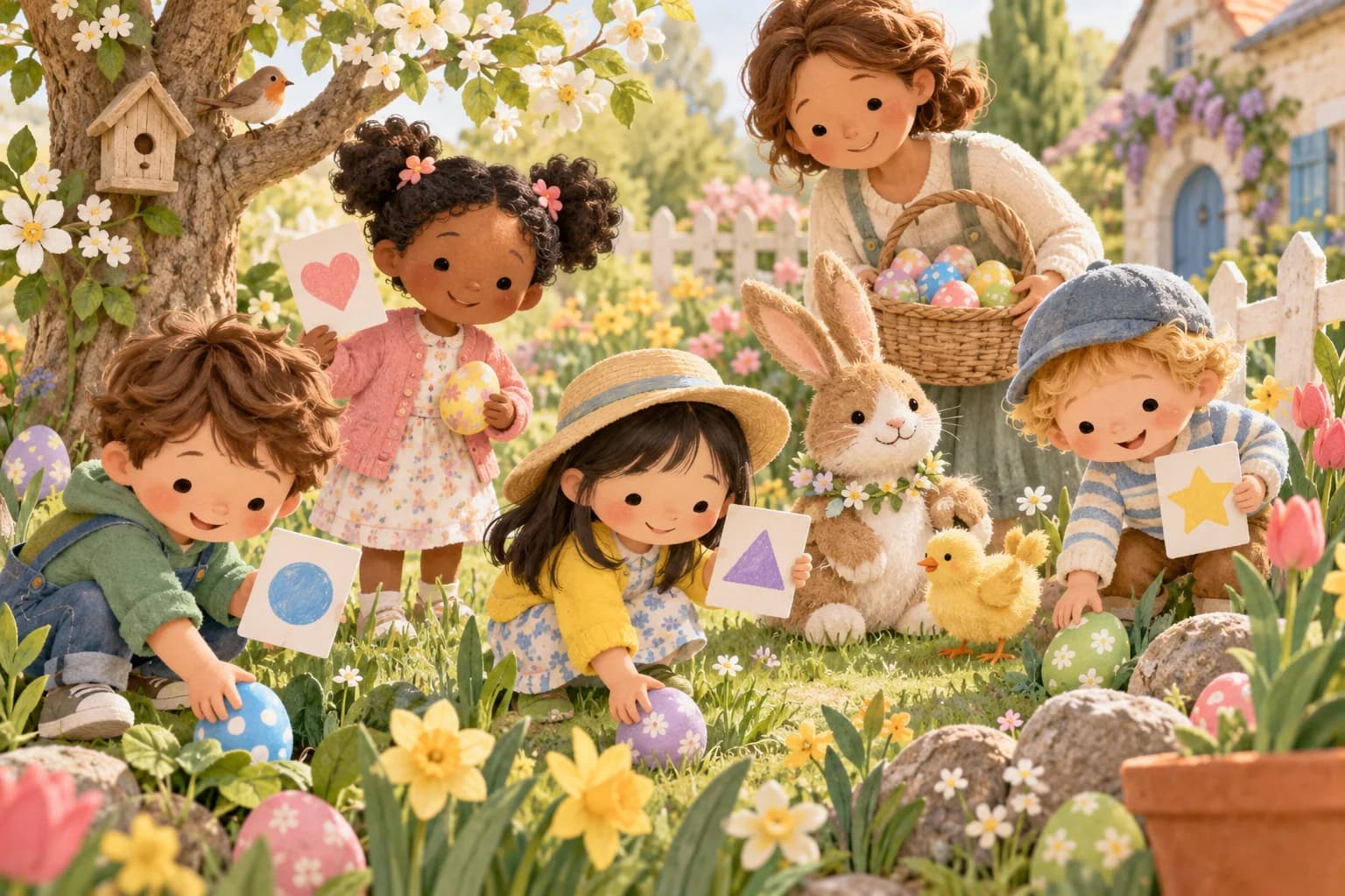 Enfants et parent découvrant des œufs colorés dans un jardin de printemps
