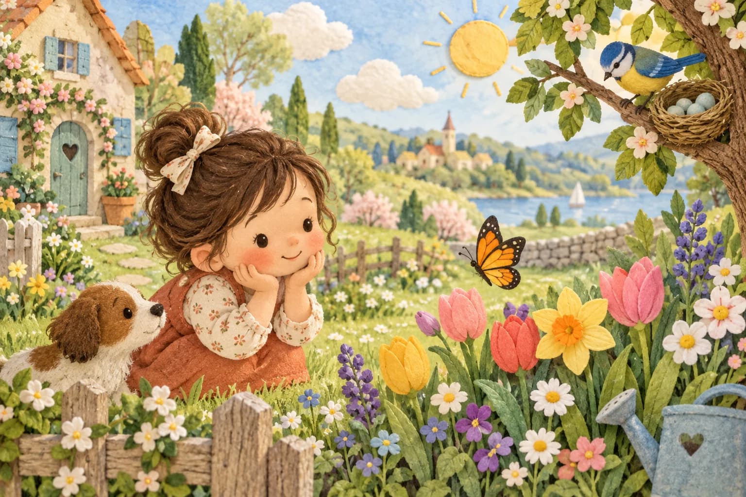Enfant observant des fleurs, un papillon et un oiseau dans un jardin de printemps