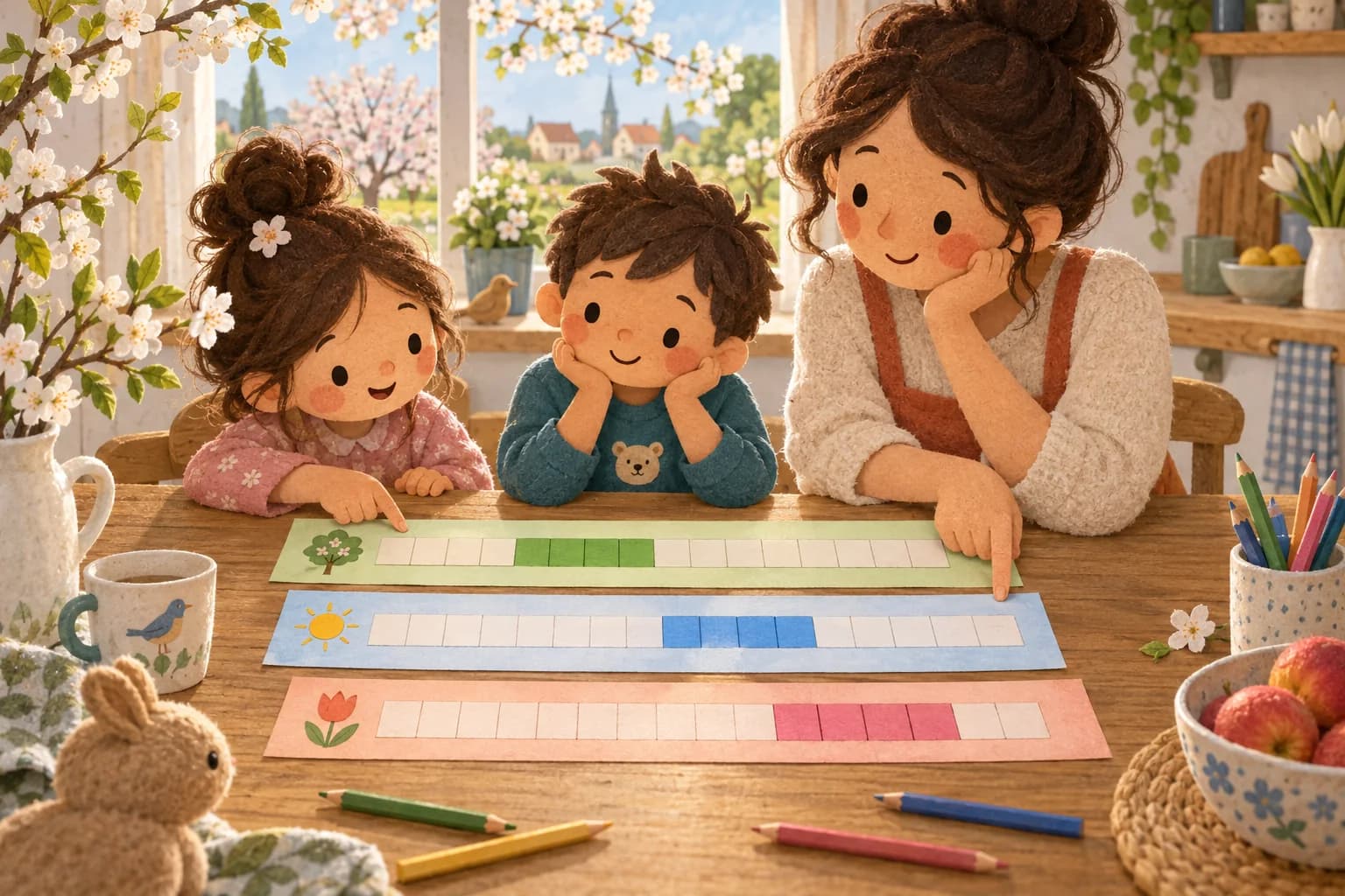 Un parent et deux enfants comparent trois calendriers colorés dont les vacances sont décalées.