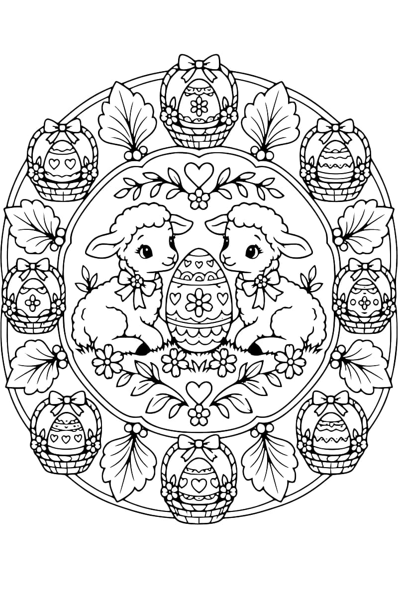 Dessin en noir et blanc de deux agneaux face à face, portant chacun un nœud fleuri, de part et d’autre d’un grand œuf décoré de fleurs et de cœurs. Huit paniers contenant des œufs alternent avec des feuilles sur le pourtour circulaire.
