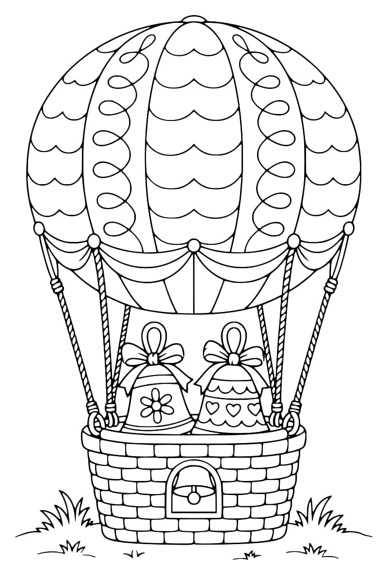 Dessin en noir et blanc d’une montgolfière à motifs de boucles et de festons, avec deux cloches décorées de nœuds dans sa nacelle tressée : l’une porte une fleur, l’autre des cœurs. Une petite cloche orne l’avant de la nacelle, entourée de touffes d’herbe.