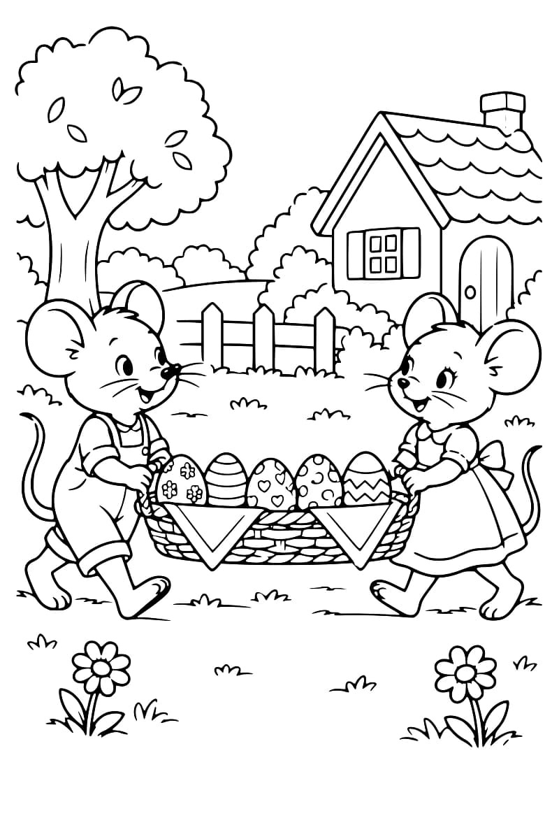 Deux souris portent un panier de Pâques