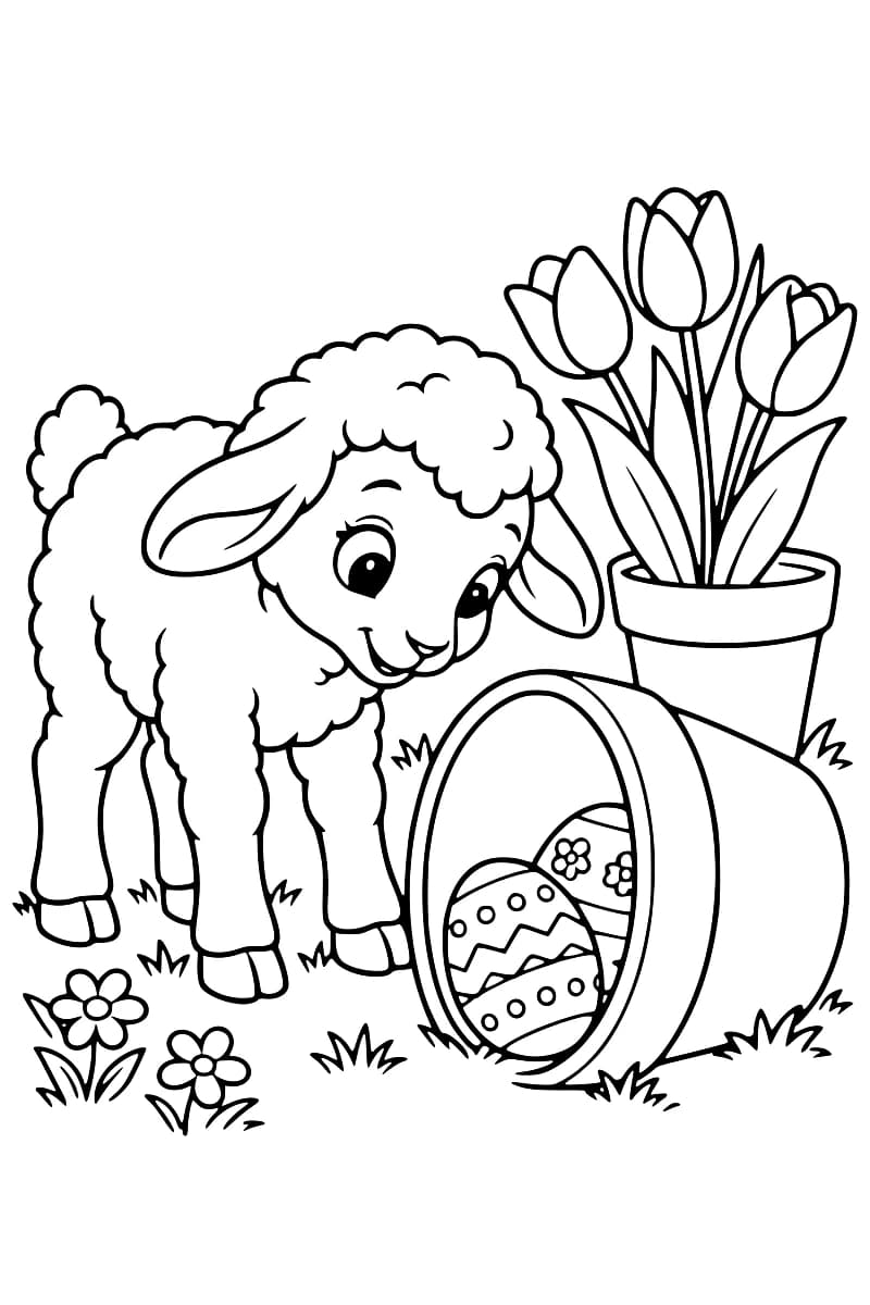 Dessin à colorier d’un agneau penché vers deux œufs ornés de motifs dans un pot de fleurs couché, avec trois tulipes dans un autre pot et de petites fleurs dans l’herbe.