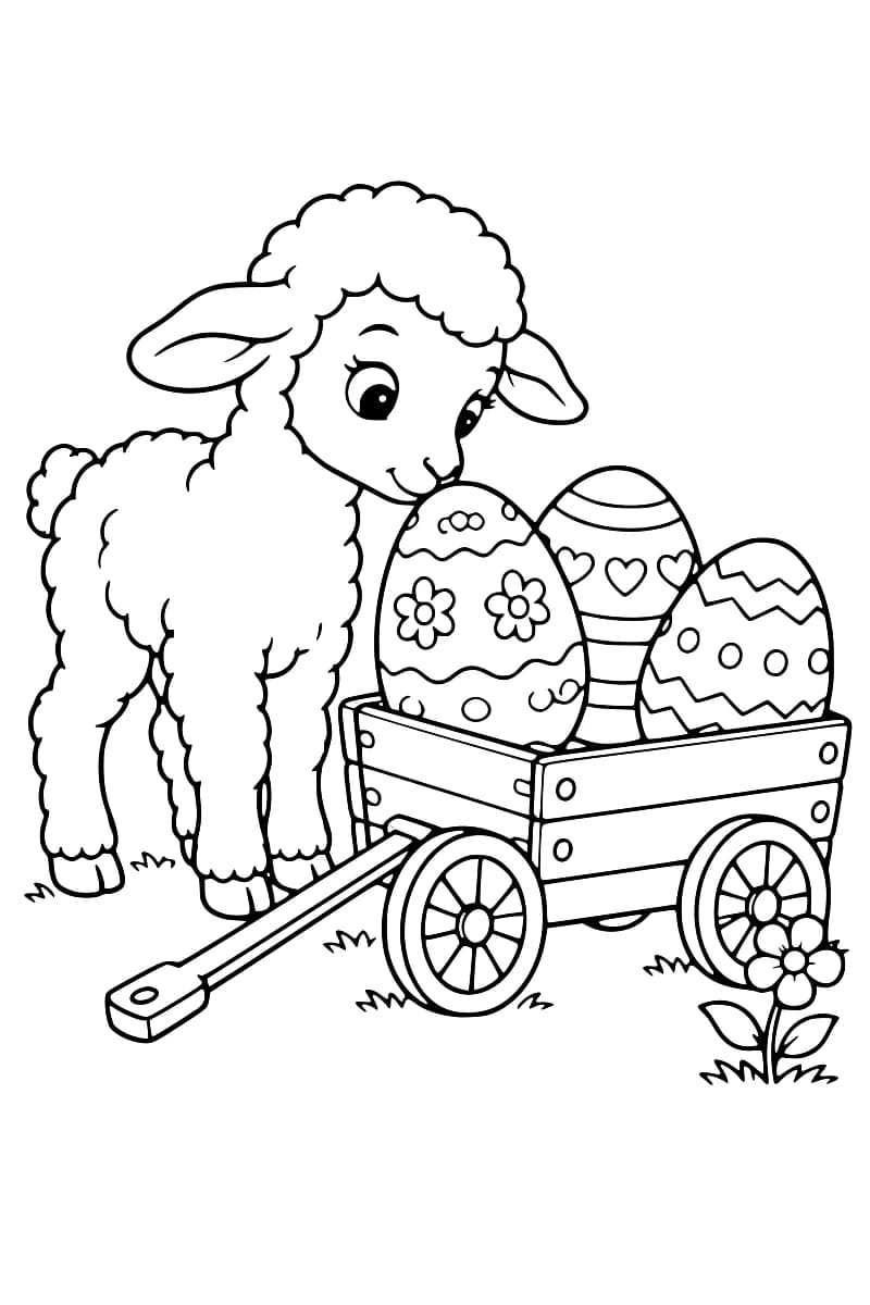 Dessin à colorier d’un agneau près d’une charrette contenant trois œufs ornés de fleurs, de cœurs, de rayures et de zigzags, avec une fleur et des touffes d’herbe au sol.