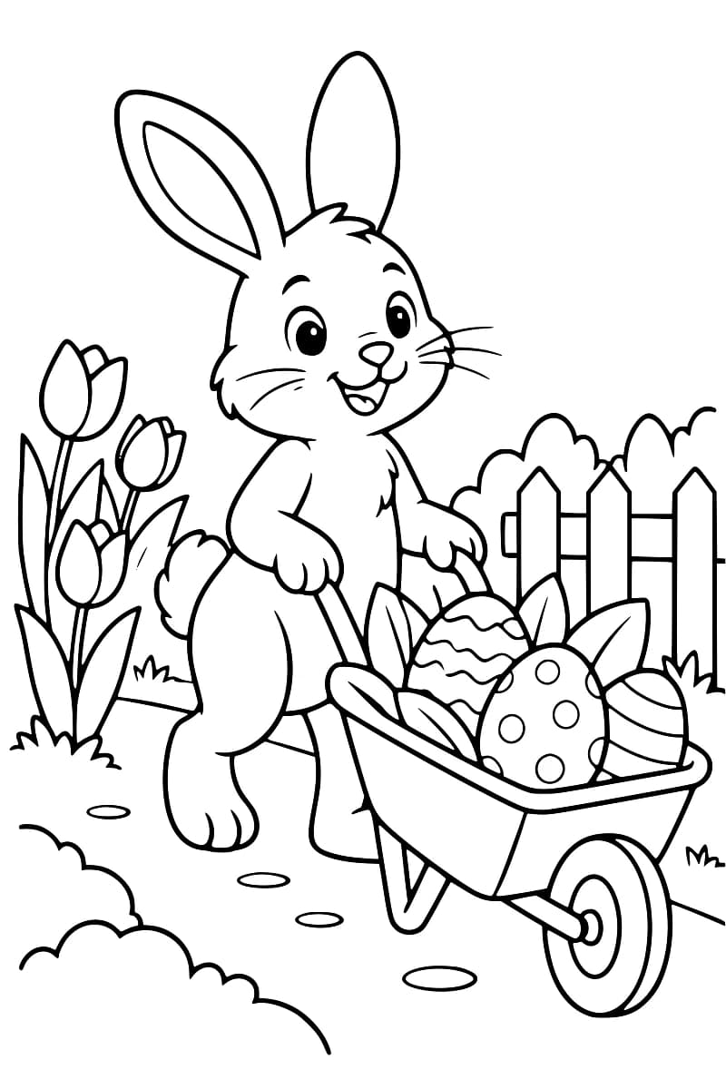 Dessin en noir et blanc d’un lapin poussant une brouette contenant plusieurs œufs décorés, devant une clôture et des tulipes.