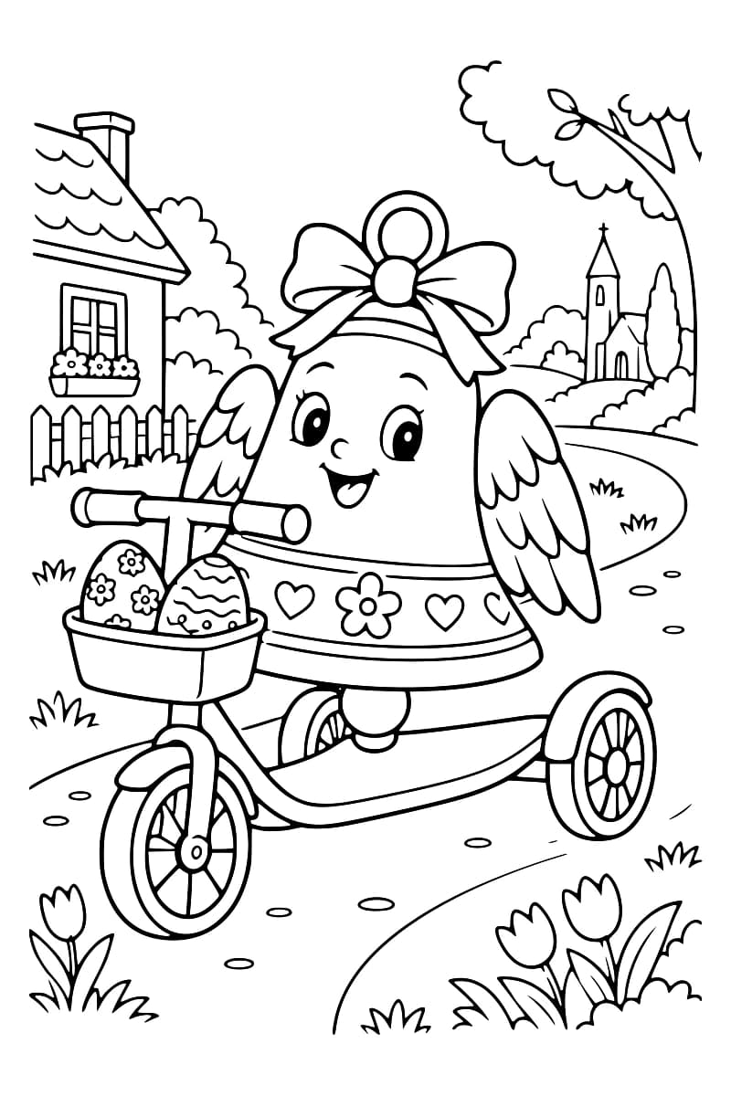 Dessin à colorier d’une cloche souriante avec des ailes et un grand nœud, sur une trottinette à trois roues dont le panier contient deux œufs décorés, dans un décor de village avec une maison, une église et des tulipes.