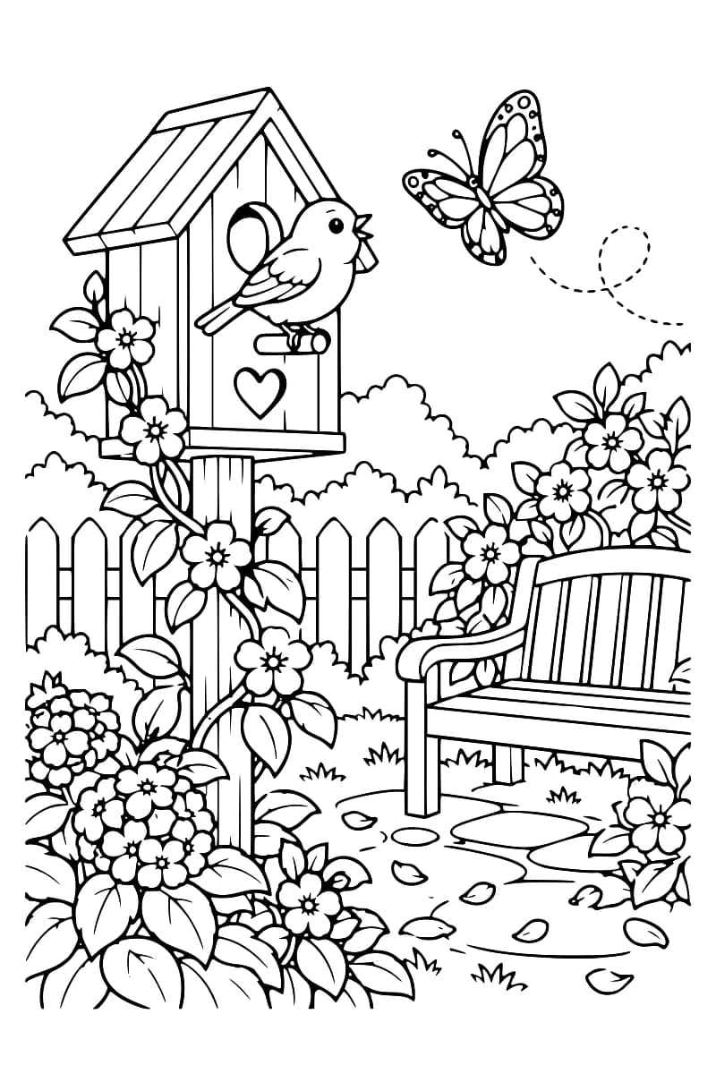 Maison pour oiseaux avec un oiseau, des fleurs, un papillon et un banc dans un jardin
