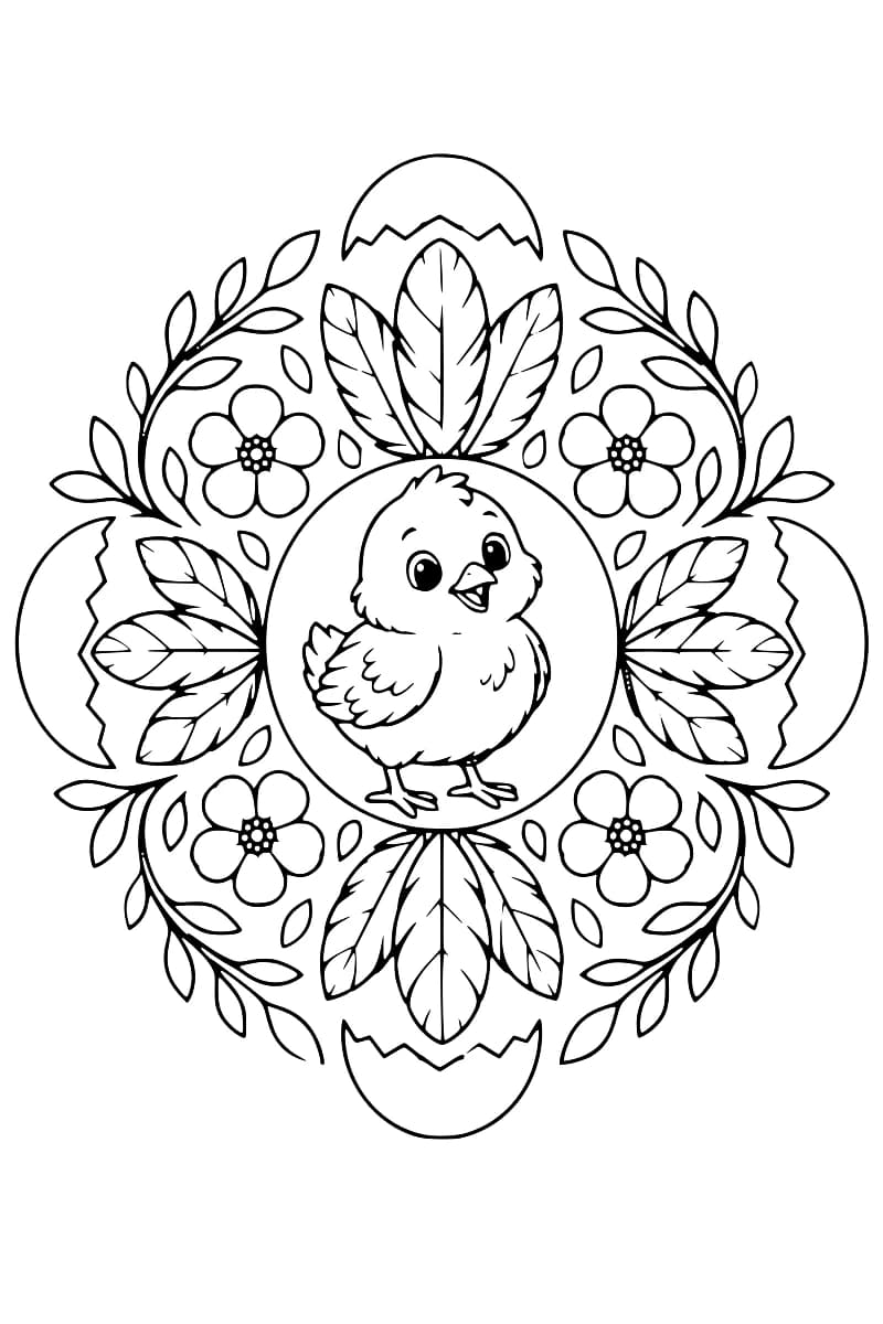 Dessin en noir et blanc représentant un poussin au centre d’une rosace décorée de fleurs, de feuilles, de plumes et de coquilles d’œuf.