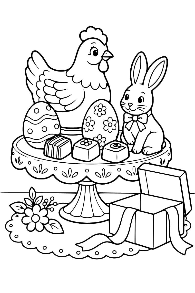 Dessin en noir et blanc représentant une poule, un lapin avec un nœud, des œufs décorés, des chocolats, un présentoir et un paquet cadeau.