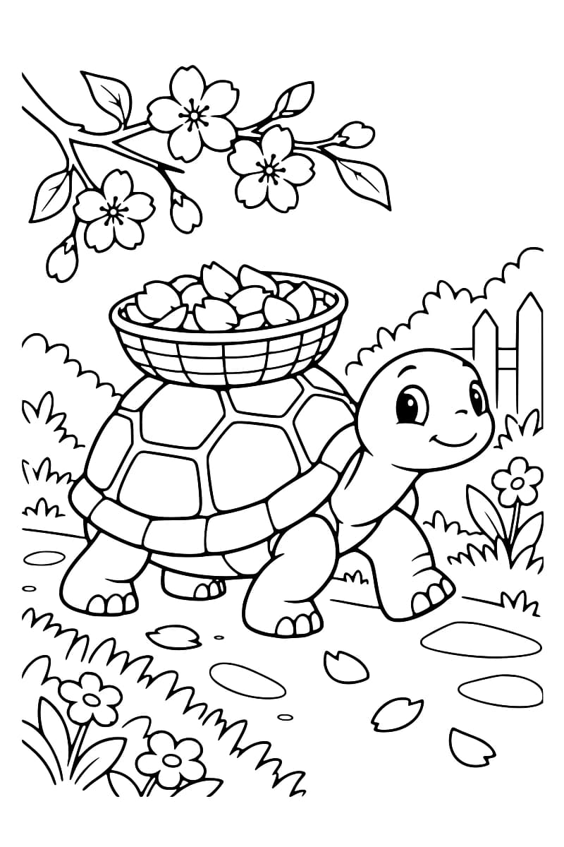 Dessin à colorier d’une tortue portant un panier rempli de pétales sur sa carapace, dans un jardin avec une branche fleurie, des fleurs, une clôture et des pétales éparpillés sur le chemin.