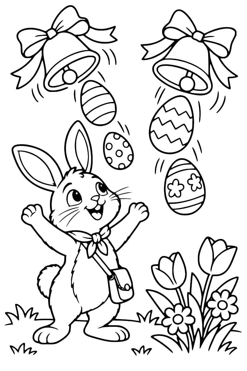 Dessin en noir et blanc d’un lapin avec un foulard et une besace, de deux cloches ornées de nœuds, d’œufs décorés et de fleurs.