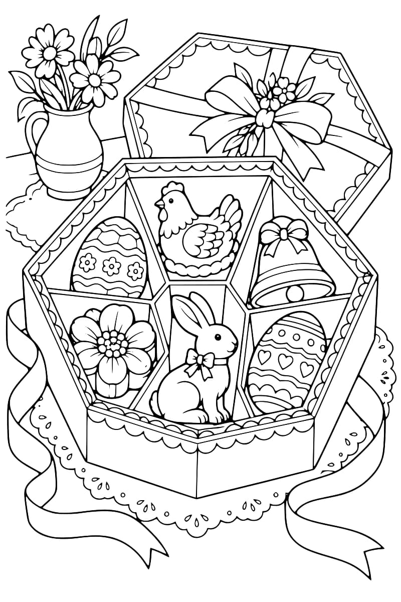 Dessin en noir et blanc d’un coffret hexagonal ouvert contenant des motifs de Pâques, avec un vase de fleurs à gauche et un ruban décoratif autour.