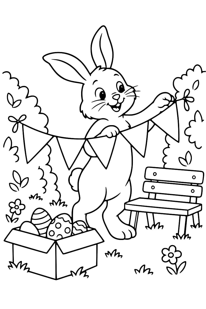 Dessin en noir et blanc d’un lapin suspendant des fanions entre des buissons, avec un banc et une boîte d’œufs décorés dans un jardin.