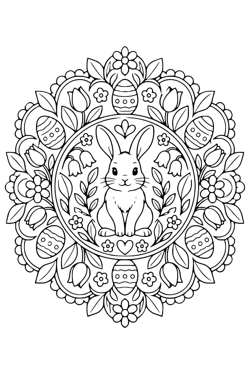Dessin en noir et blanc d’un lapin assis au centre d’un motif circulaire symétrique composé de fleurs, de feuilles et d’œufs de Pâques.