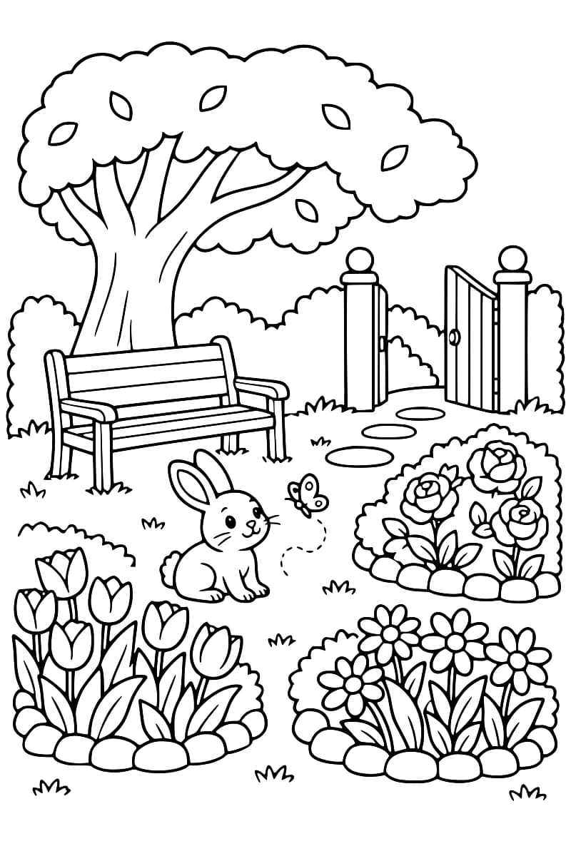 Dessin à colorier d’un jardin avec un lapin face à un papillon, un banc sous un grand arbre, un portail ouvert et des massifs de tulipes, de roses et de fleurs à pétales.