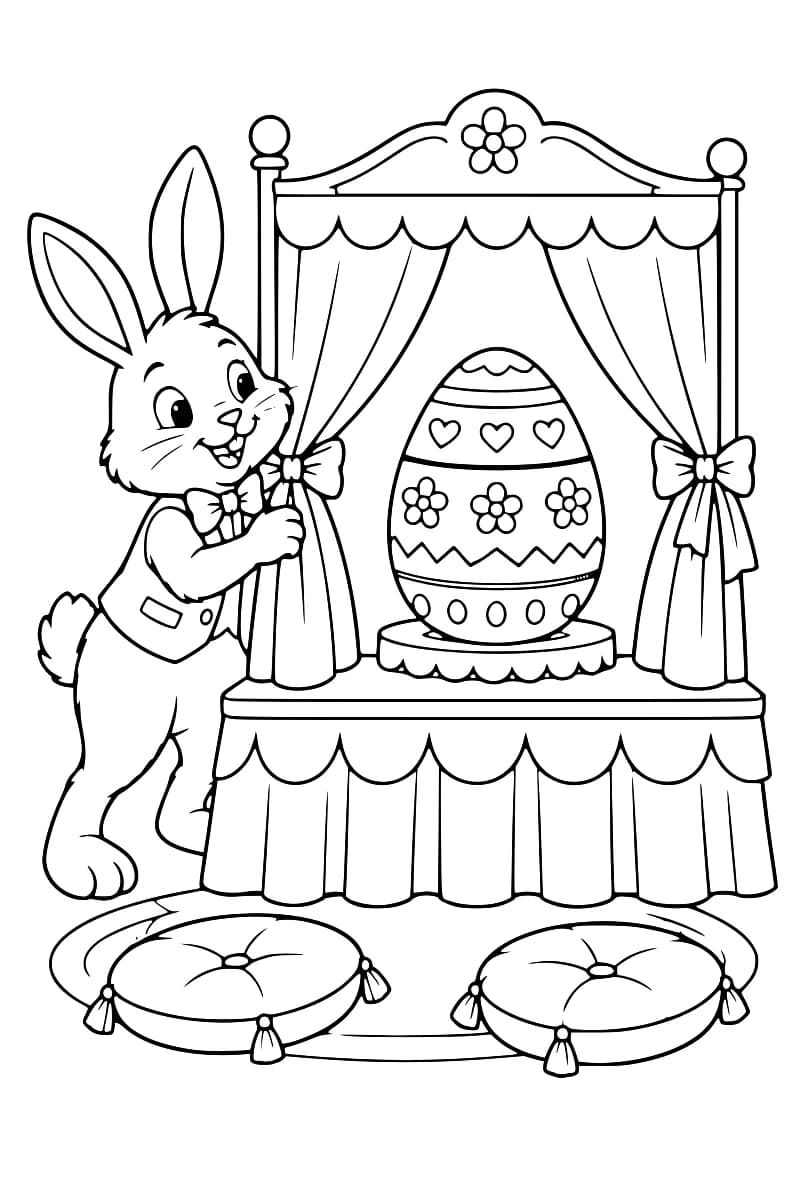 Dessin en noir et blanc d’un lapin en gilet et nœud papillon tenant un rideau ouvert, à côté d’un œuf orné de cœurs, de fleurs et de motifs géométriques sur une estrade, avec deux coussins au premier plan.