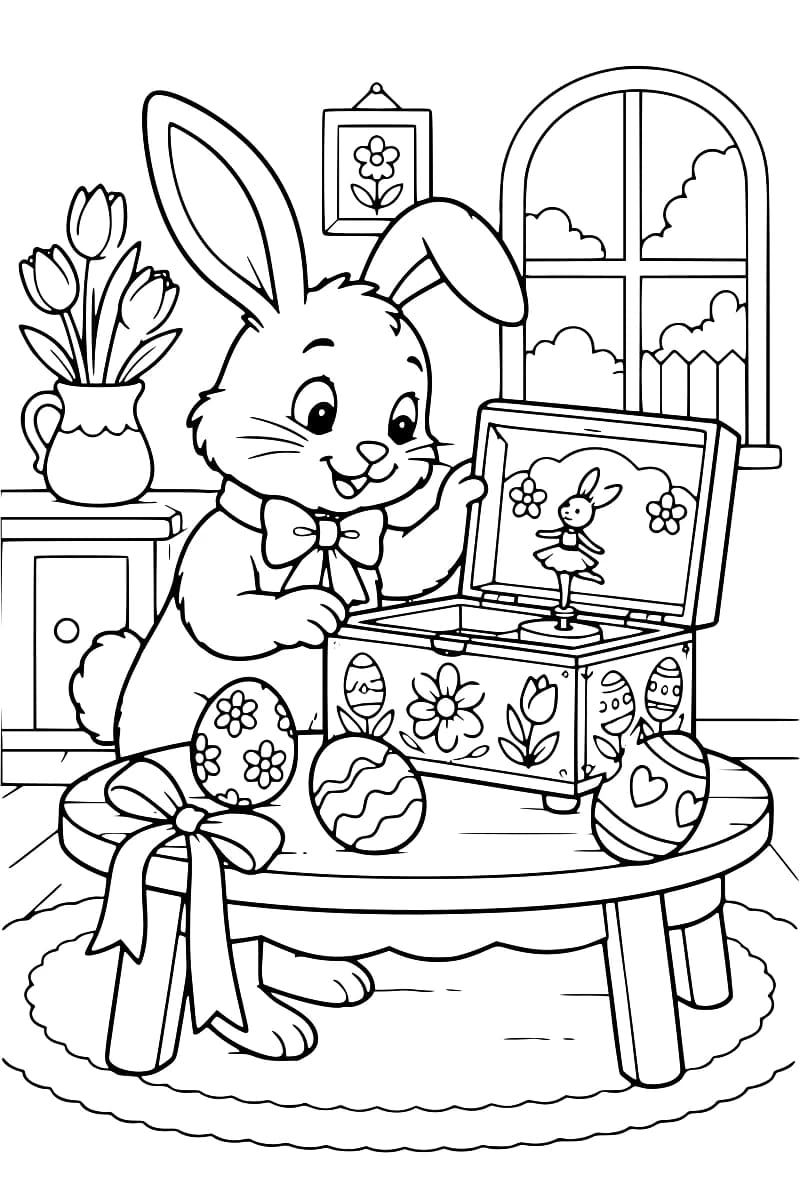 Dessin en noir et blanc d’un lapin avec un nœud, regardant une boîte à musique ouverte décorée de fleurs, entourée d’œufs de Pâques.