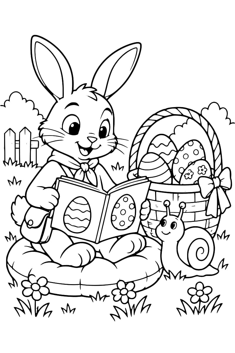 Dessin à colorier d’un lapin portant un foulard et une sacoche, assis sur un coussin avec un livre ouvert illustré de deux œufs. À côté, un escargot se tient devant un panier contenant quatre œufs décorés et orné d’un nœud. Des fleurs, de l’herbe et une clôture complètent la scène.