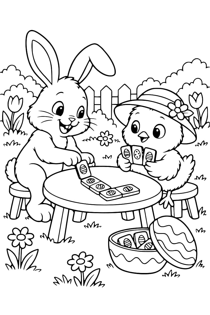 Dessin à colorier d’un lapin et d’un poussin portant un chapeau fleuri, assis sur des tabourets autour d’une table ronde avec des dominos ornés d’œufs. Une boîte ouverte en forme d’œuf contient d’autres pièces, au milieu des fleurs devant une clôture.