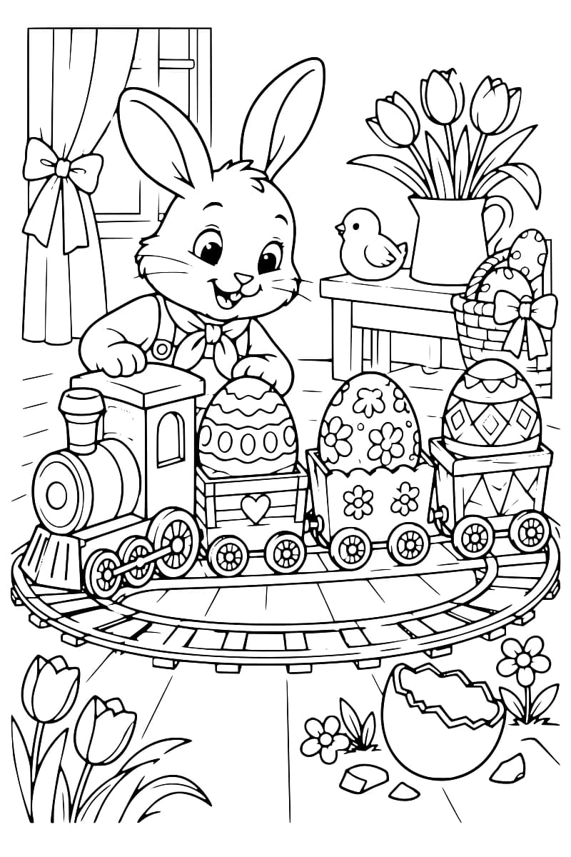 Dessin à colorier d’un lapin derrière un train à trois wagons chargés d’œufs décorés, sur des rails ovales. Des tulipes, des fleurs et une coquille d’œuf cassée entourent le circuit. À l’arrière, un poussin et un pichet de tulipes sont posés sur une table près d’un panier d’œufs.