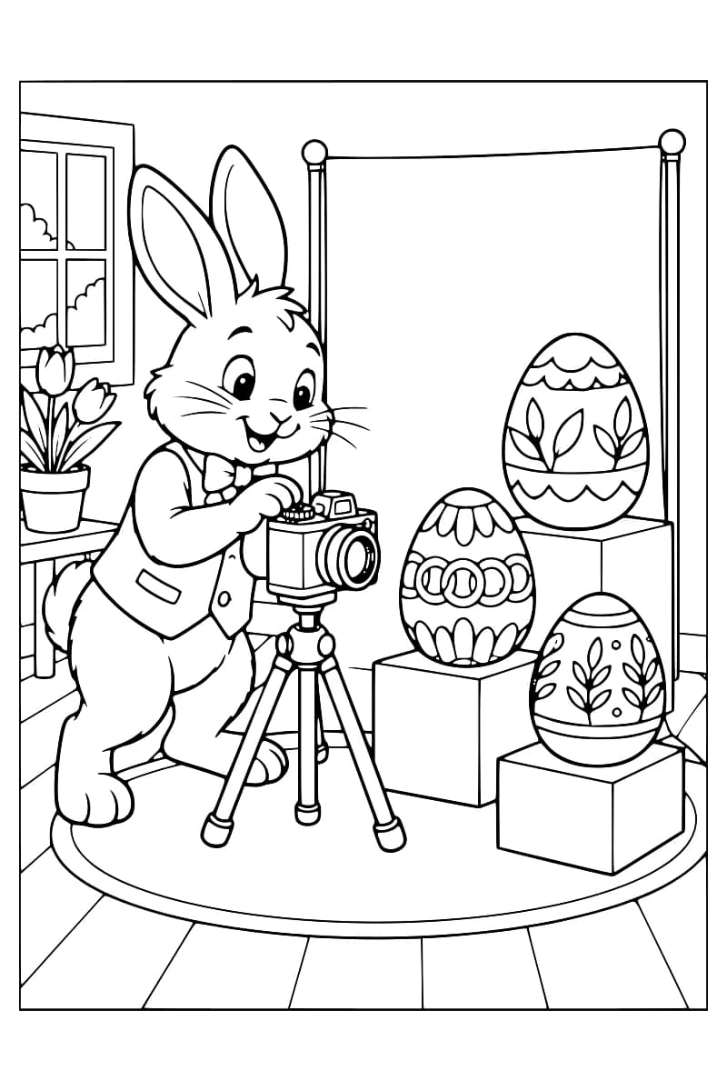 Dessin en noir et blanc d’un lapin derrière un appareil photo sur trépied, face à trois œufs décorés de motifs floraux et géométriques sur des socles de différentes hauteurs.