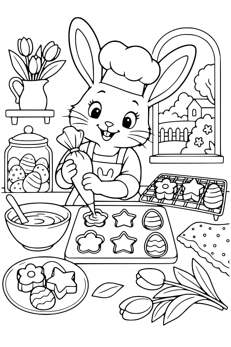 Dessin en noir et blanc d’un lapin coiffé d’un bonnet cuisinant des biscuits de Pâques, avec des moules, un bol, un plateau et des décorations printanières.