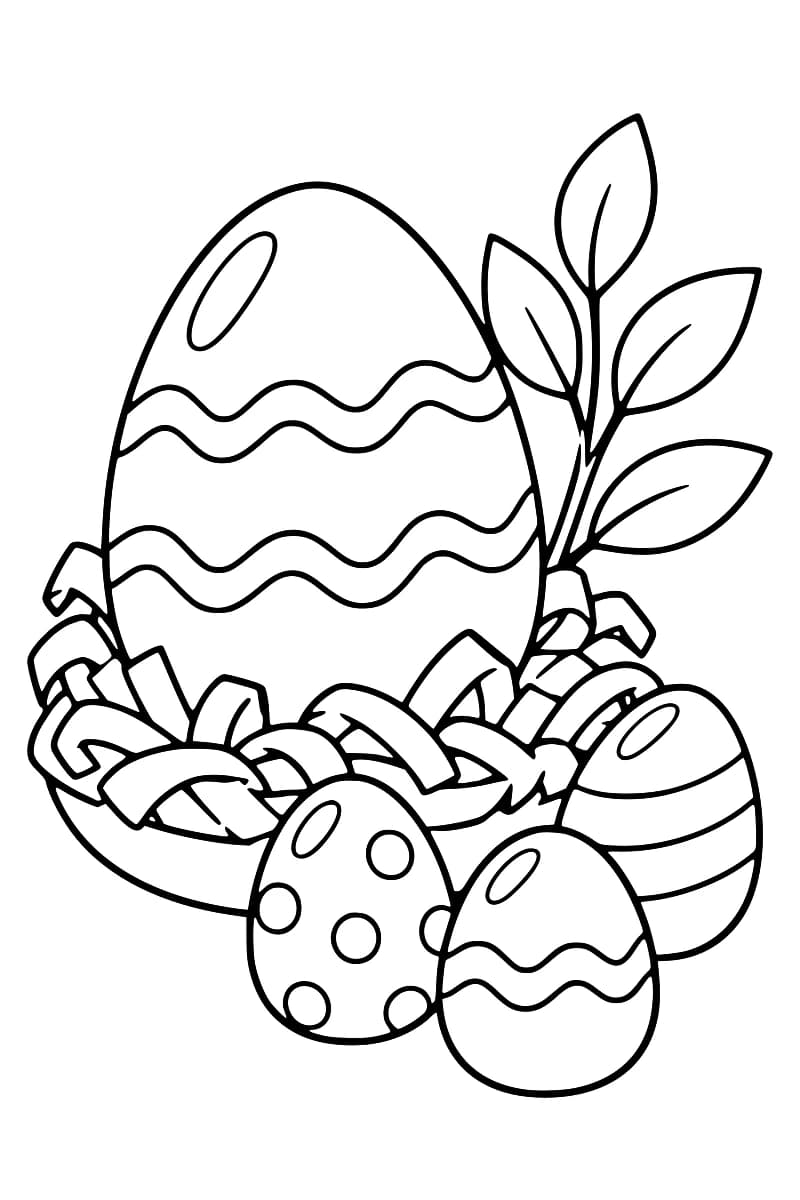 Dessin au trait d’un panier rempli d’œufs de Pâques décorés, avec des rubans et des feuilles