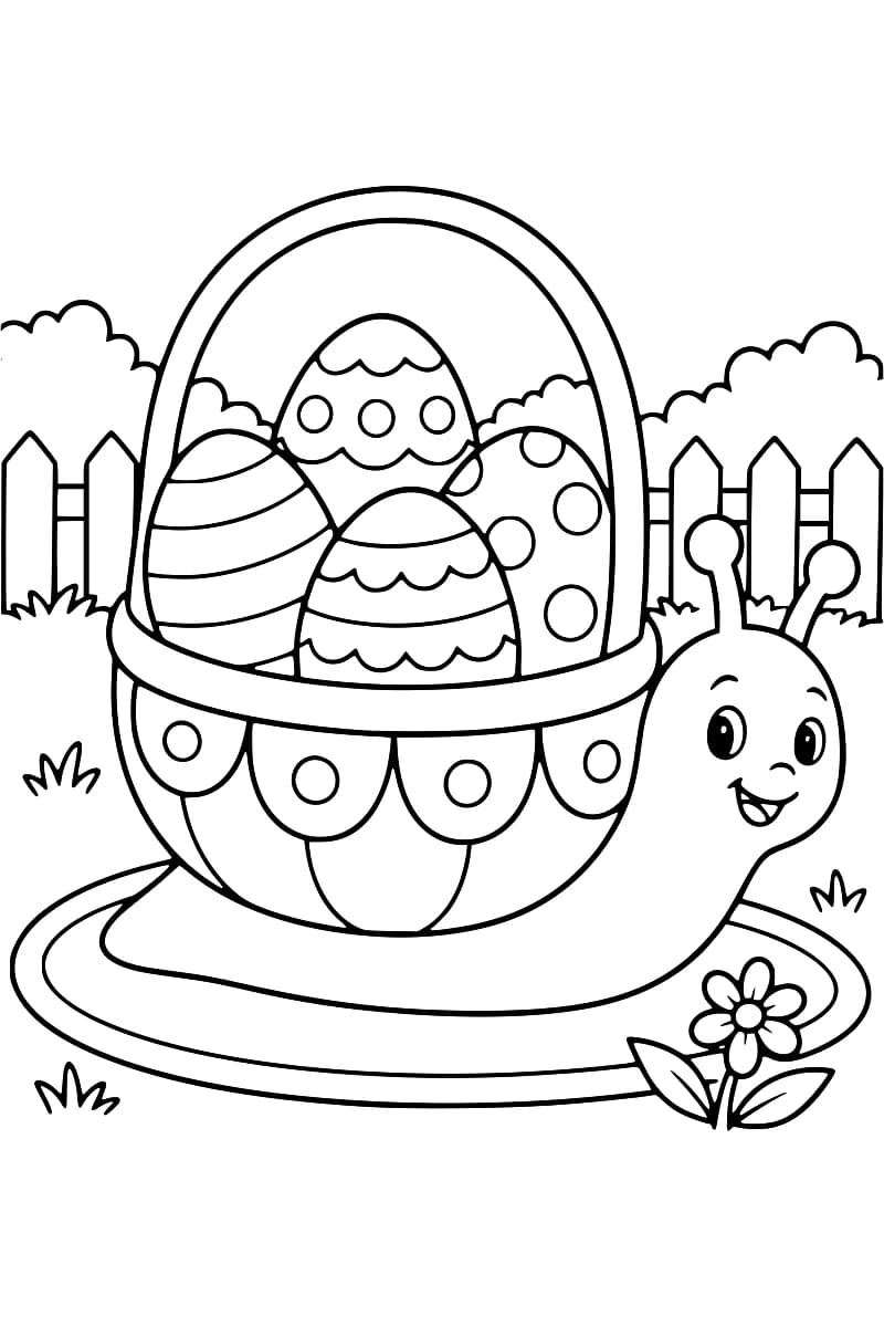 Dessin à colorier d’un escargot dont la coquille forme un panier à grande anse rempli de quatre œufs à rayures, à pois et à motifs ondulés, avec une fleur au premier plan et une clôture en arrière-plan.
