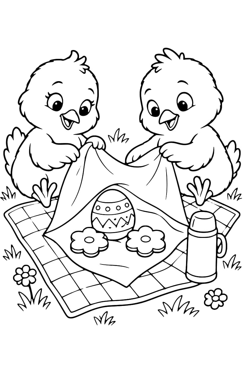 Dessin à colorier de deux poussins tenant une serviette soulevée au-dessus d’un œuf décoré et de deux biscuits en forme de fleur, sur une nappe quadrillée avec un thermos à droite, entourée d’herbe et de fleurs.