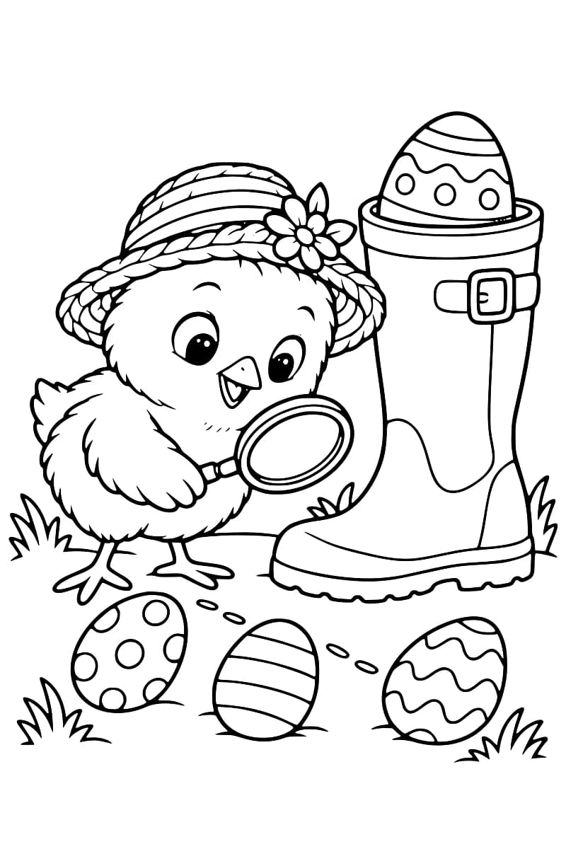 Dessin à colorier d’un poussin portant un chapeau de paille fleuri et tenant une loupe à côté d’une grande botte à boucle d’où dépasse un œuf décoré ; trois autres œufs et de petites traces parsèment le sol.