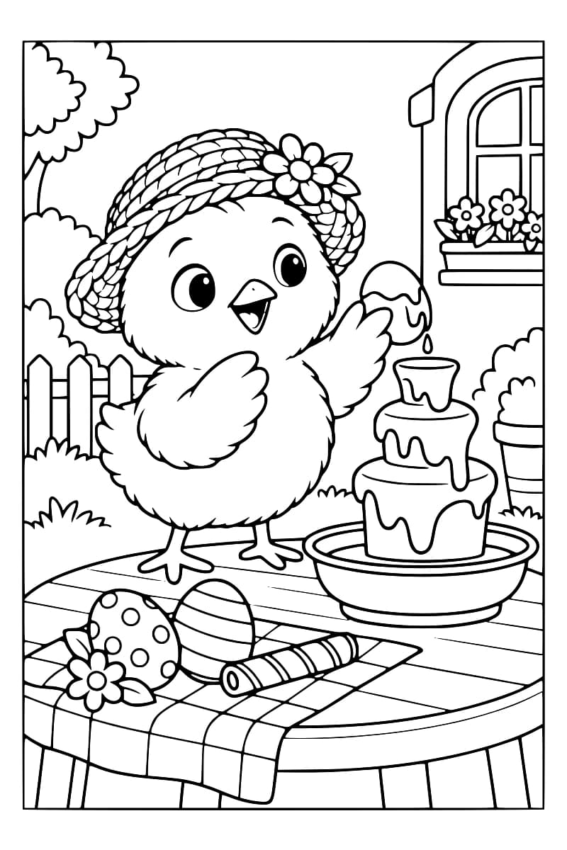 Dessin en noir et blanc d’un poussin avec un chapeau fleuri près d’une fontaine de chocolat, dans un jardin avec des œufs décorés et des gaufrettes.