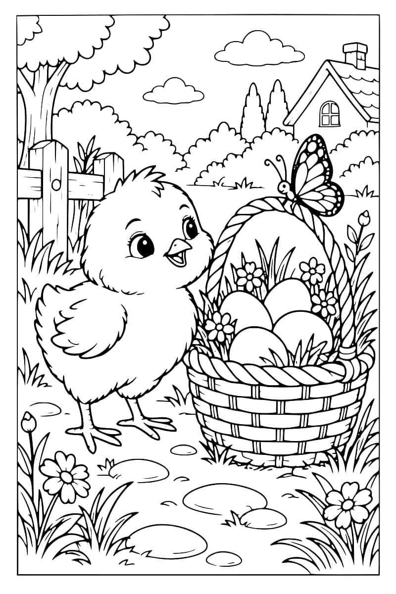 Poussin à côté d’un panier d’œufs fleuri, avec un papillon et une maison en arrière-plan