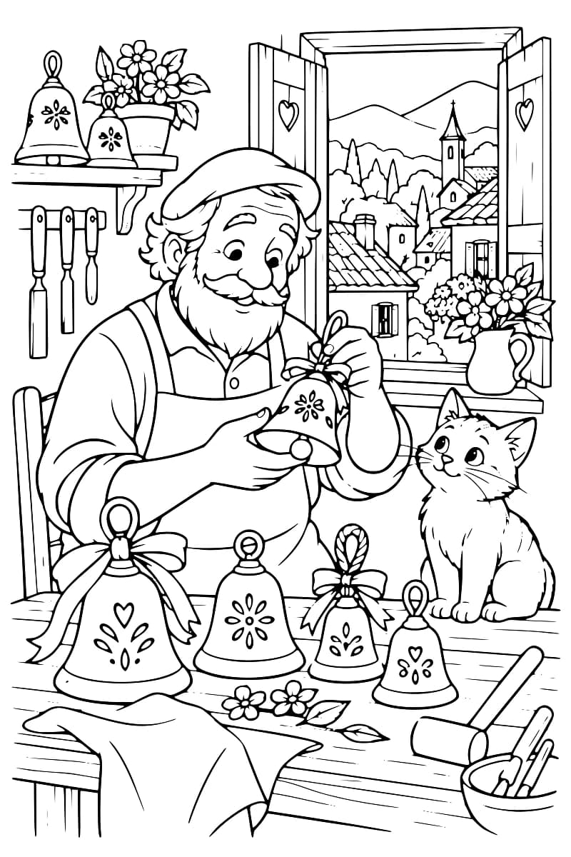 Artisan barbu tenant une cloche décorée, entouré de plusieurs cloches et accompagné d’un chat dans un atelier donnant sur un village.