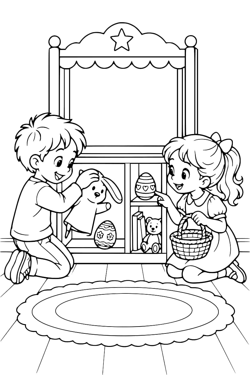 Dessin à colorier de deux enfants agenouillés devant un castelet surmonté d’une étoile : le garçon soulève une marionnette de lapin au-dessus d’un œuf fleuri, tandis que la fille tient un panier et montre un œuf décoré de cœurs sur une étagère.