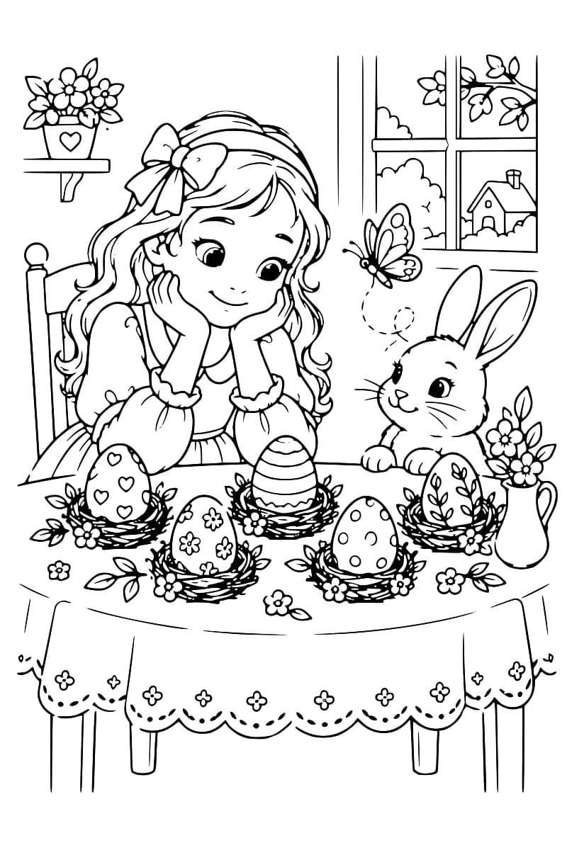 Dessin en noir et blanc montrant une fillette, un lapin et cinq œufs décorés dans des nids fleuris sur une table.