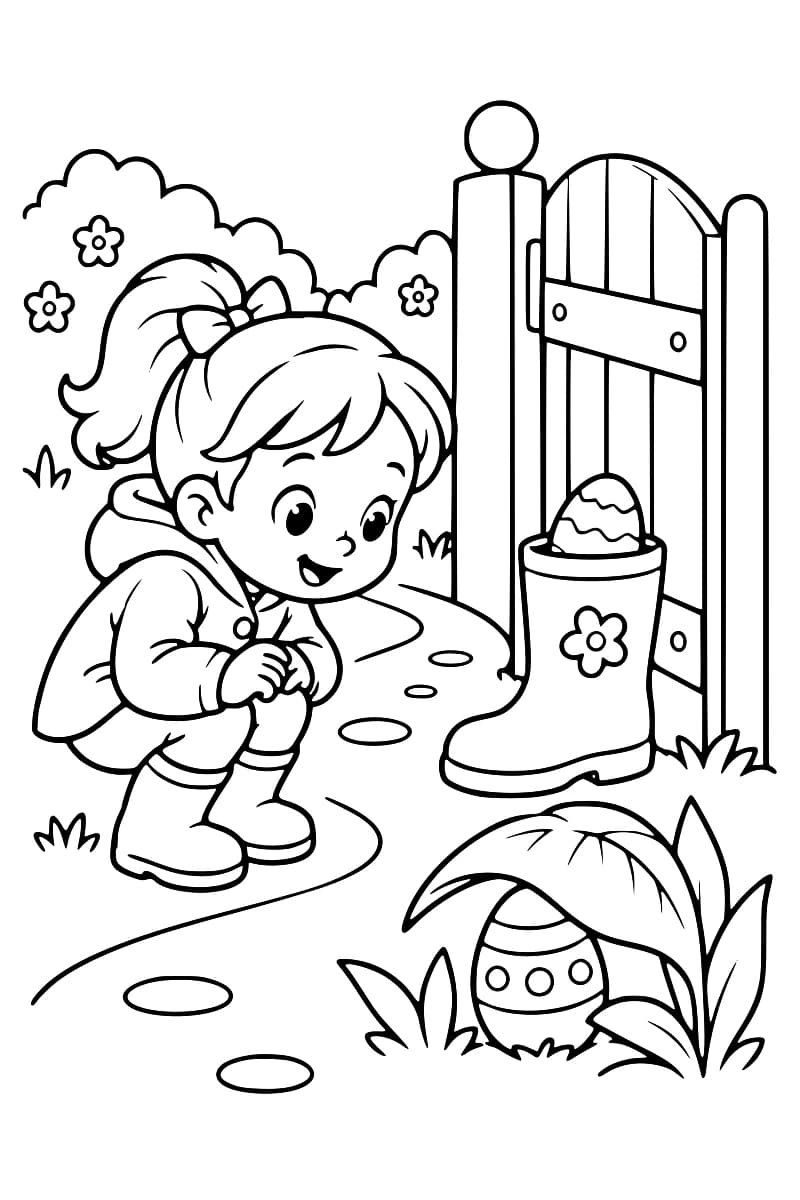 Dessin en noir et blanc d’une enfant près d’un portail, avec un œuf dans une botte et un autre œuf sous des feuilles.
