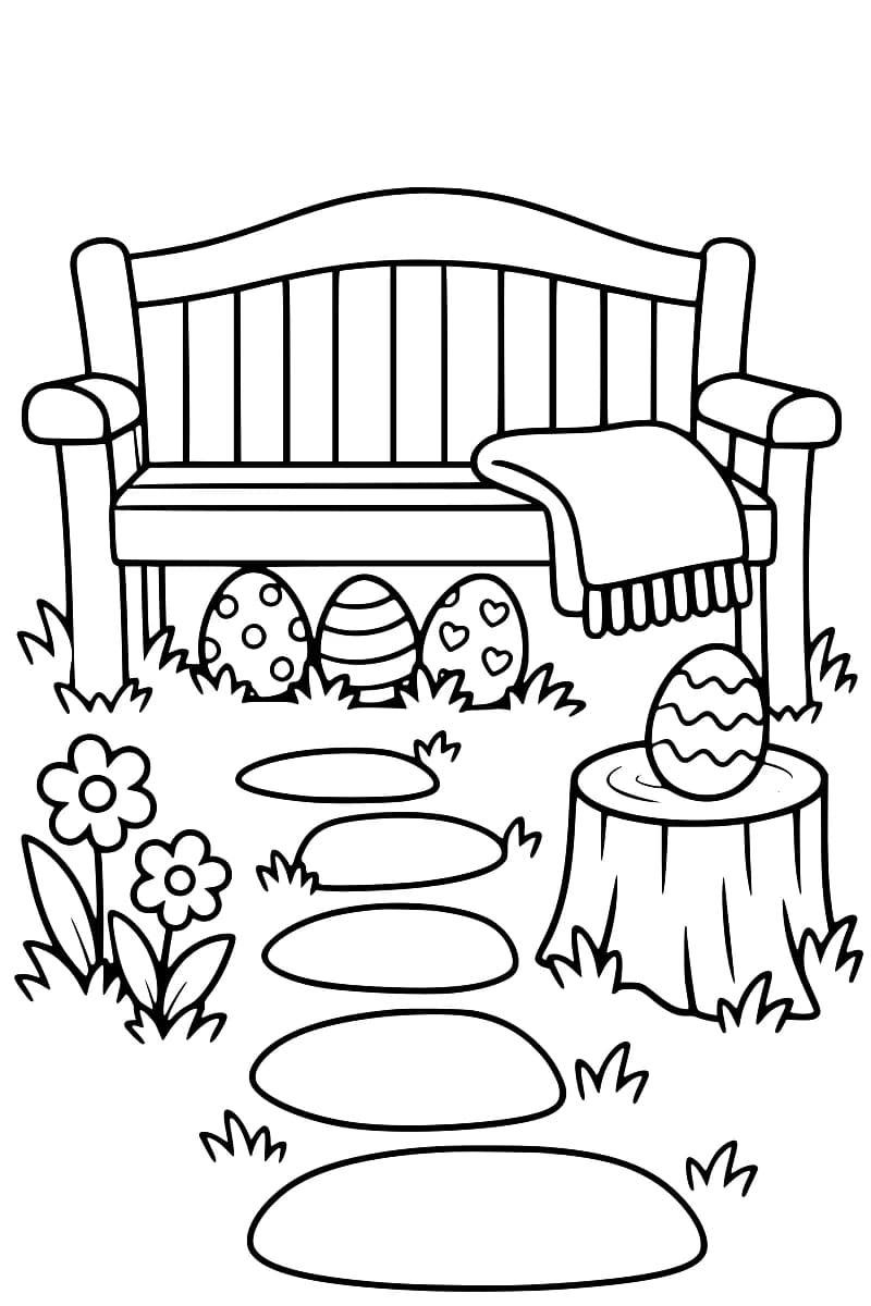 Dessin en noir et blanc d’un banc couvert d’une couverture, de trois œufs cachés dessous, d’un quatrième œuf sur une souche et d’un chemin bordé de fleurs.