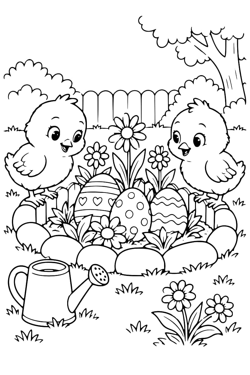 Dessin en noir et blanc de deux poussins entourant des œufs de Pâques décorés parmi des fleurs, avec un arrosoir au premier plan.