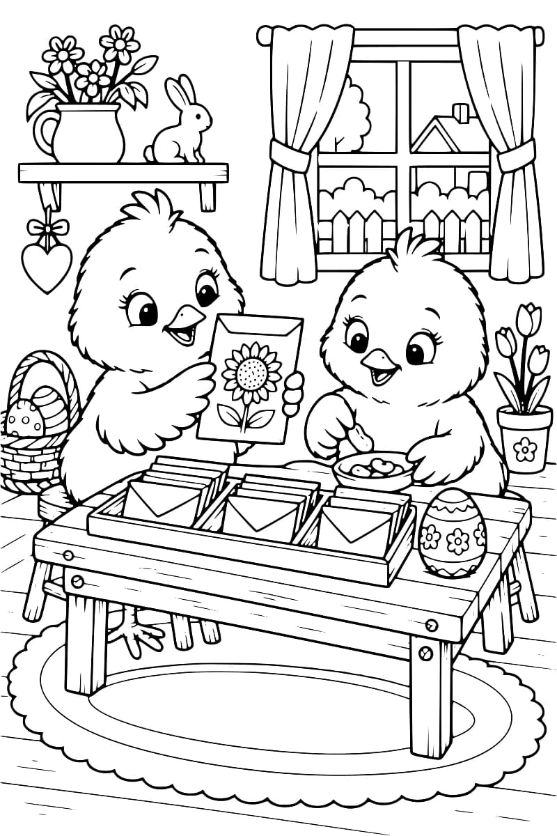 Dessin à colorier de deux poussins à une table : l’un tient un sachet illustré d’une fleur, l’autre une petite pelle au-dessus d’un bol de graines. Des sachets sont rangés dans un plateau à compartiments et un œuf décoré est posé à côté. Une fenêtre à rideaux, des fleurs, un panier d’œufs et une figurine de lapin complètent la scène.